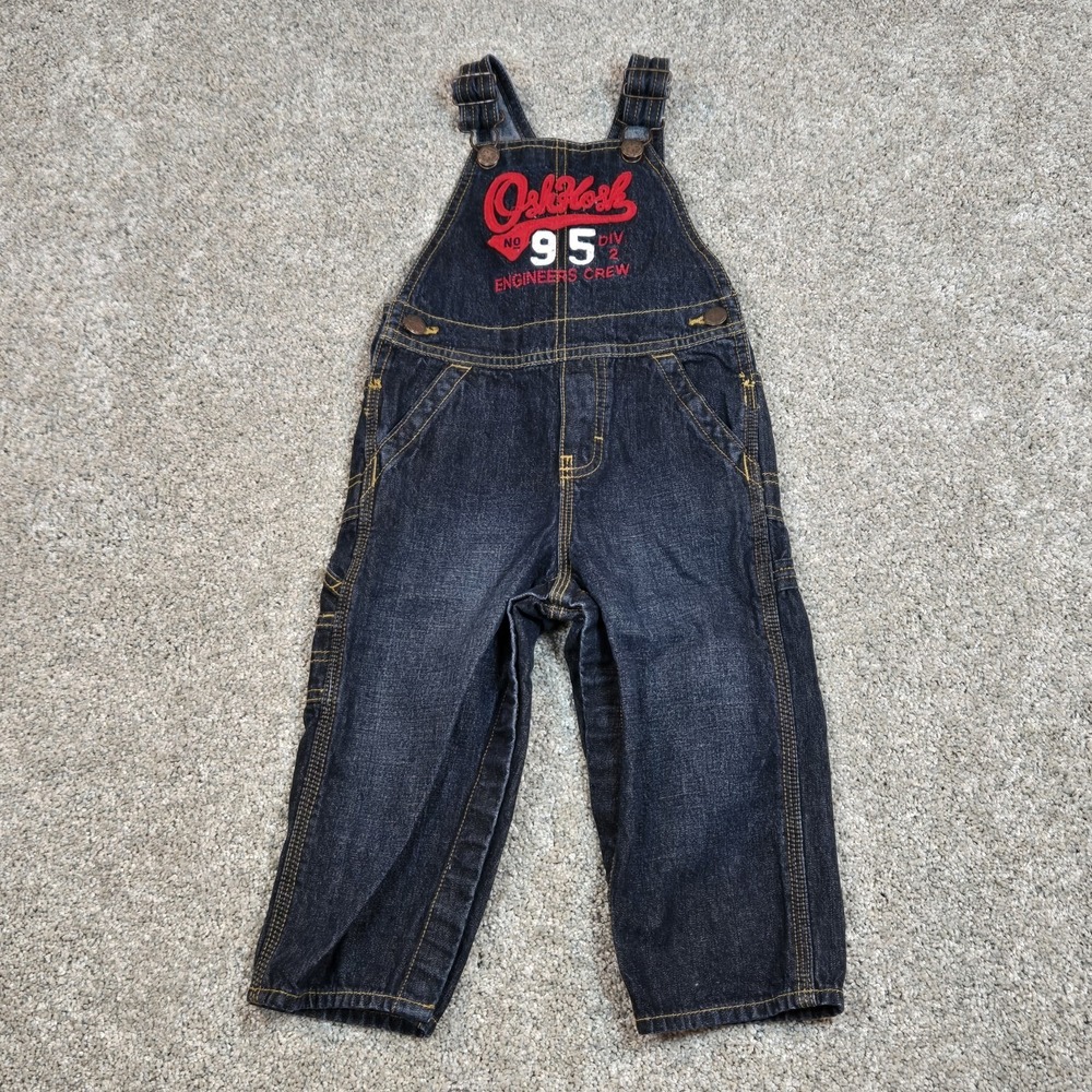 OshKosh B'gosh Overalls Y2K Boys 24M Blue Denim Bib Logo‎ Snap Leg Toddler